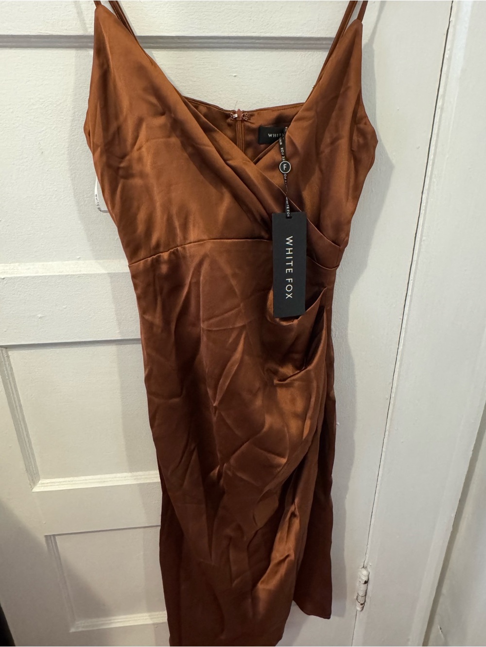 White Fox Boutique Copper Satin Slip Midi Dress